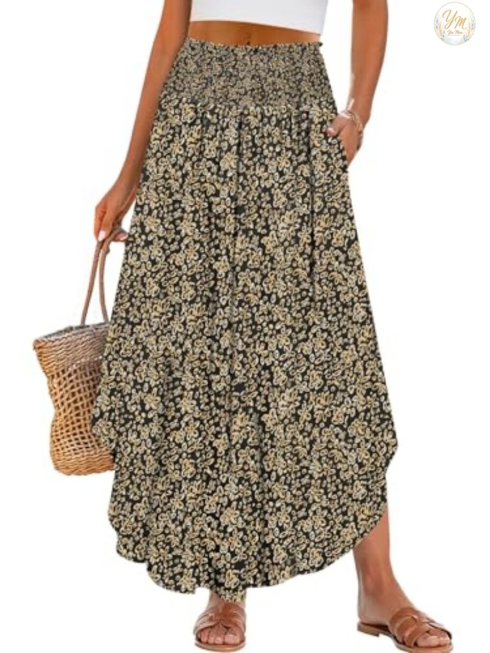 Maxi Skirt High Waisted Flowy Pleated Beach Long Skirt with Pockets